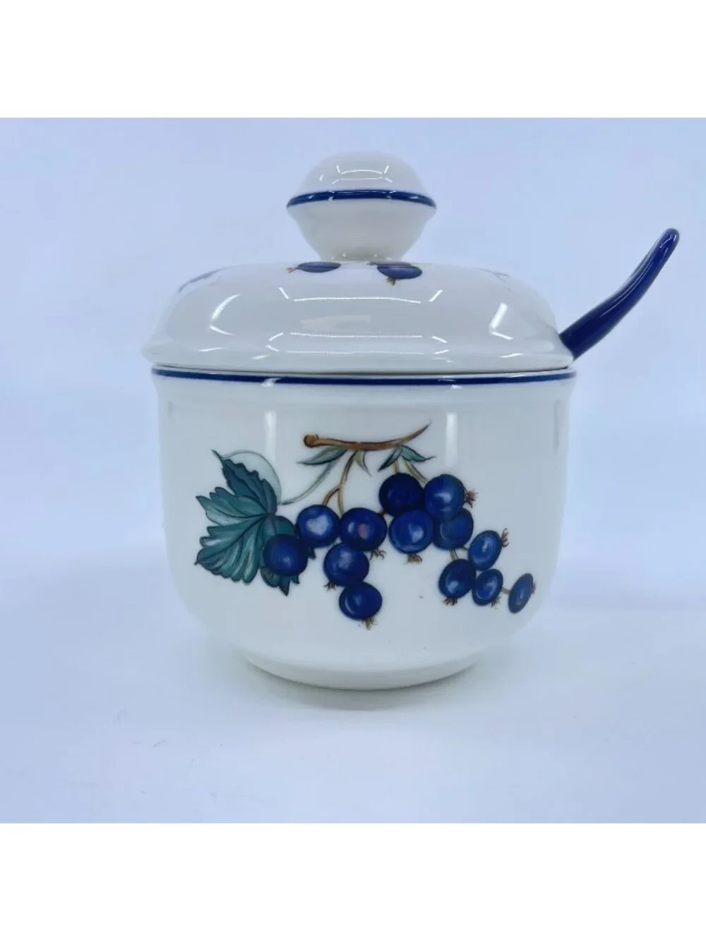 vintage villeroy & boch ceramic condiment jar with lid & spoon blueberry motif
